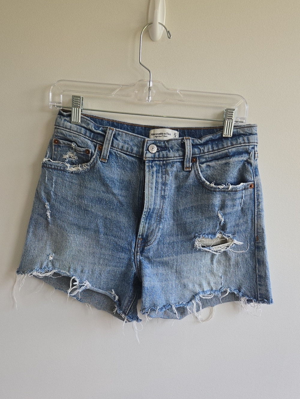 Abercrombie & Fitch High Rise 4" Jean Shorts Distressed Denim Cutoff Size 27 4